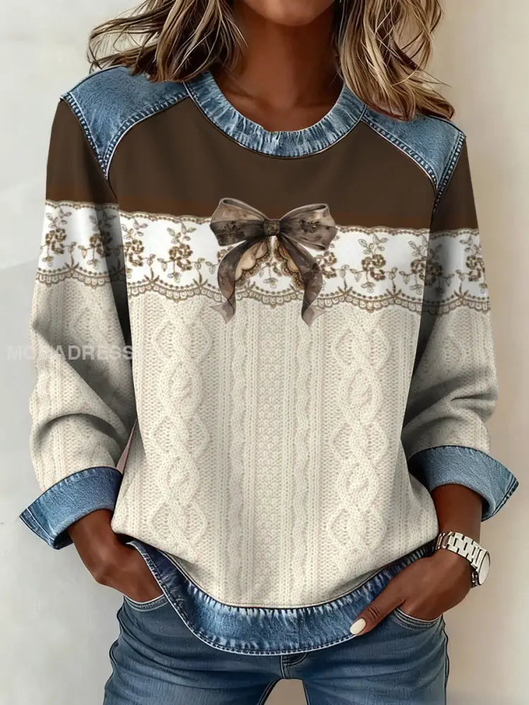 Kvinnors texturerad båge denim krage sweatshirt som bild / S