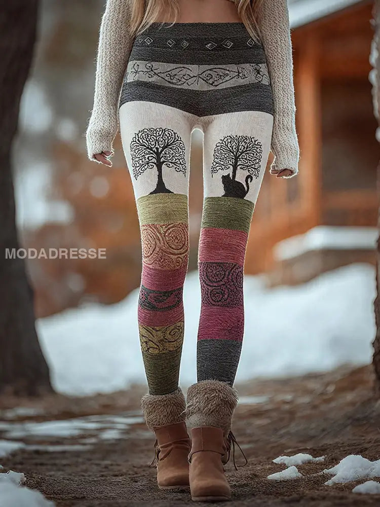 Kvinnors träd av livet katt utskrift Leggings som bild / S