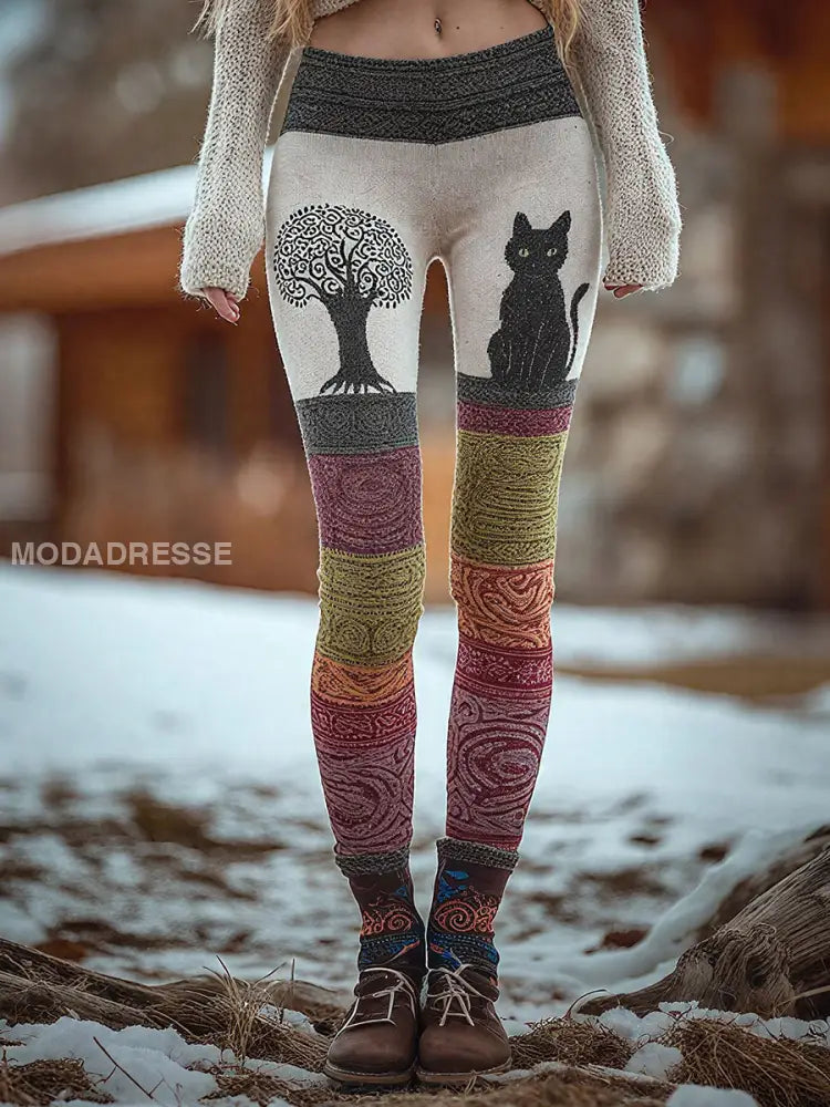 Kvinnors träd av livet katt utskrift Leggings som bild / S