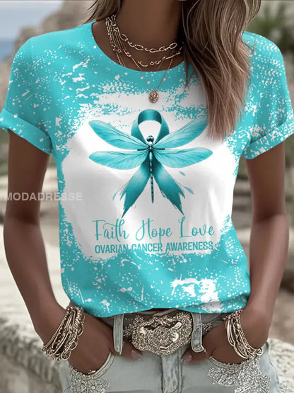 Kvinnors tro Hopp Love Teal Ribbon Dragonly Print Ovarian Cancer Medvetenhet Tee