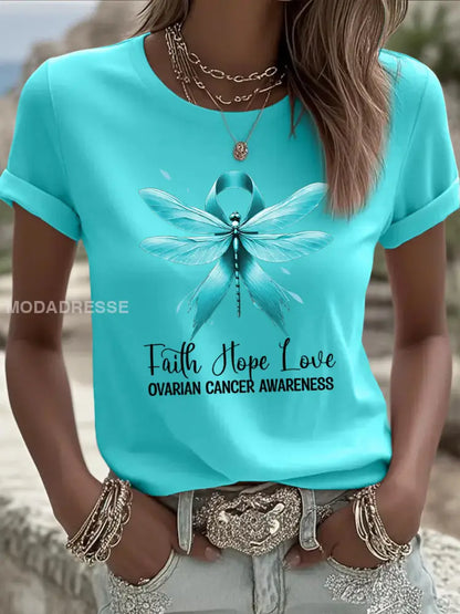 Kvinnors tro Hopp Love Teal Ribbon Dragonly Print Ovarian Cancer Medvetenhet Tee blå grön / S