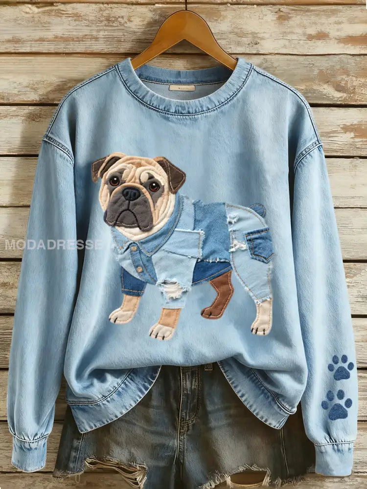 Kvinnors vackra Bulldog Patchwork mönster Sweatshirt blå / S