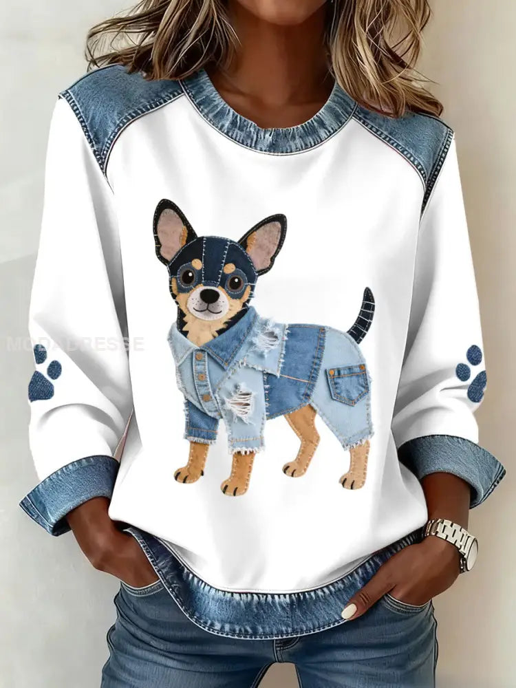 Kvinnors vackra Chihuahua hund mönster Denim Patchwork konst sweathirt vitt / S