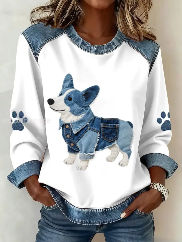 Kvinnors vackra Corgi hund mönster Denim Patchwork Sweatshirt som bild / S