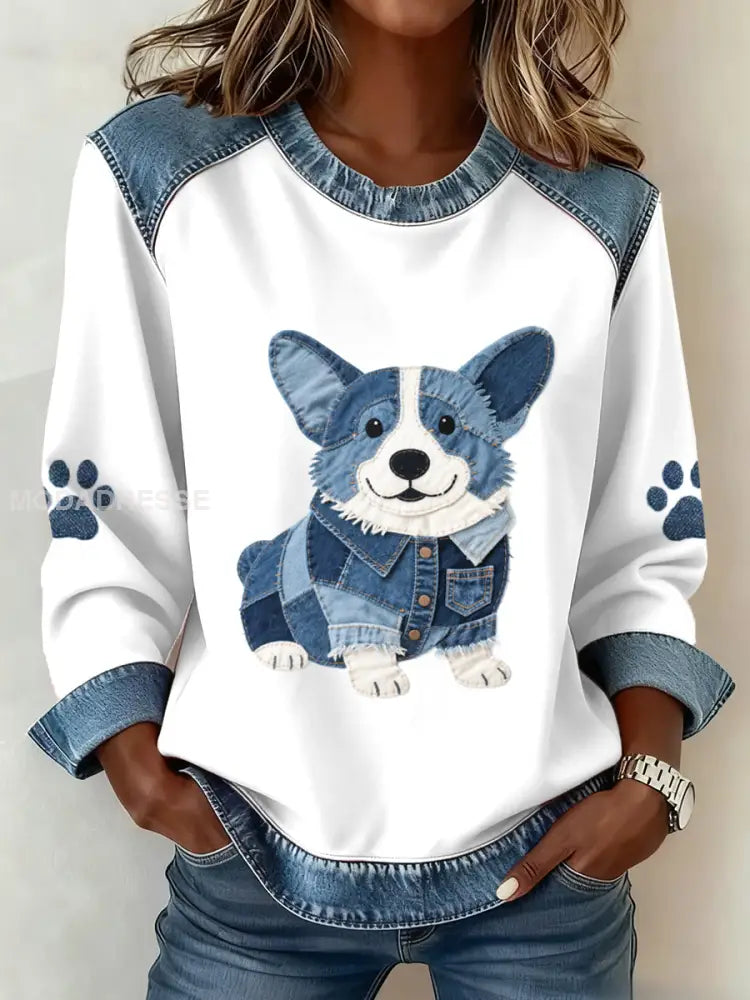 Kvinnors vackra Corgi mönster Denim Patchwork Sweatshirt som bild / S