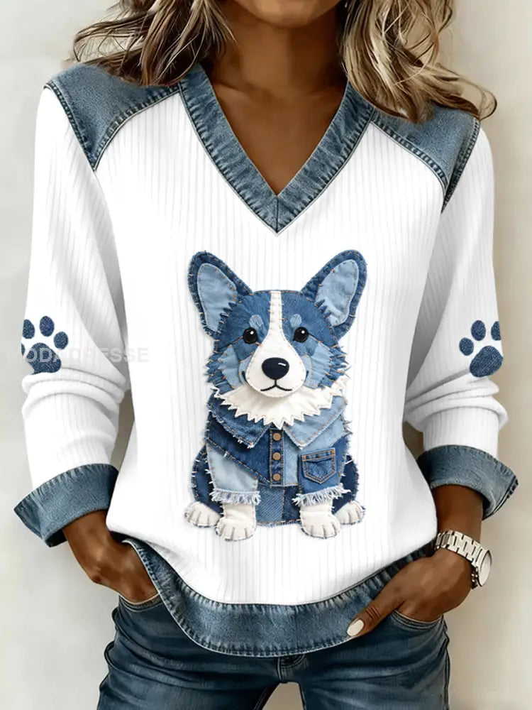 Kvinnors vackra Corgi mönster Denim Patchwork V-hals topp som bild / S