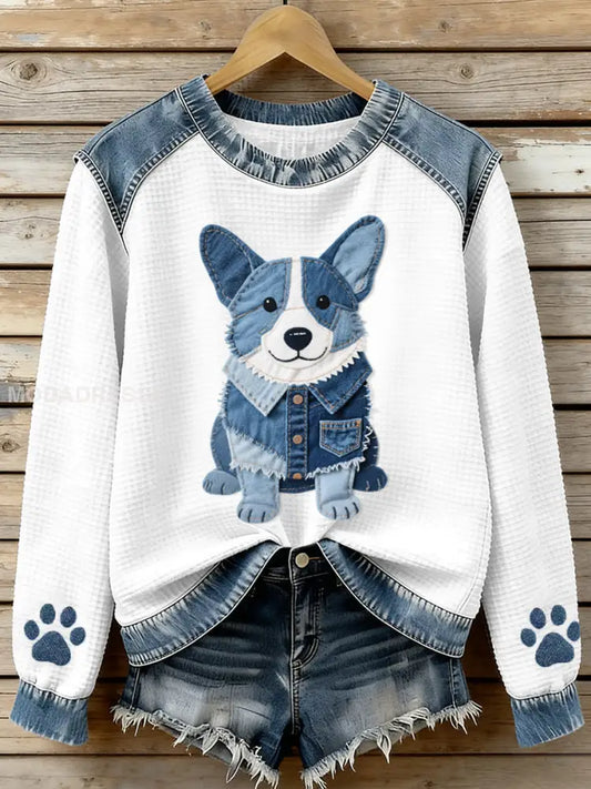 Kvinnors vackra Corgi mönster Denim Patchwork våffle tröjar som bild / S