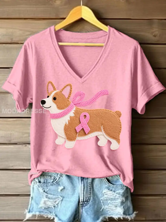Kvinnors vackra Corgi mönster filt konst V hals T shirt runk / S