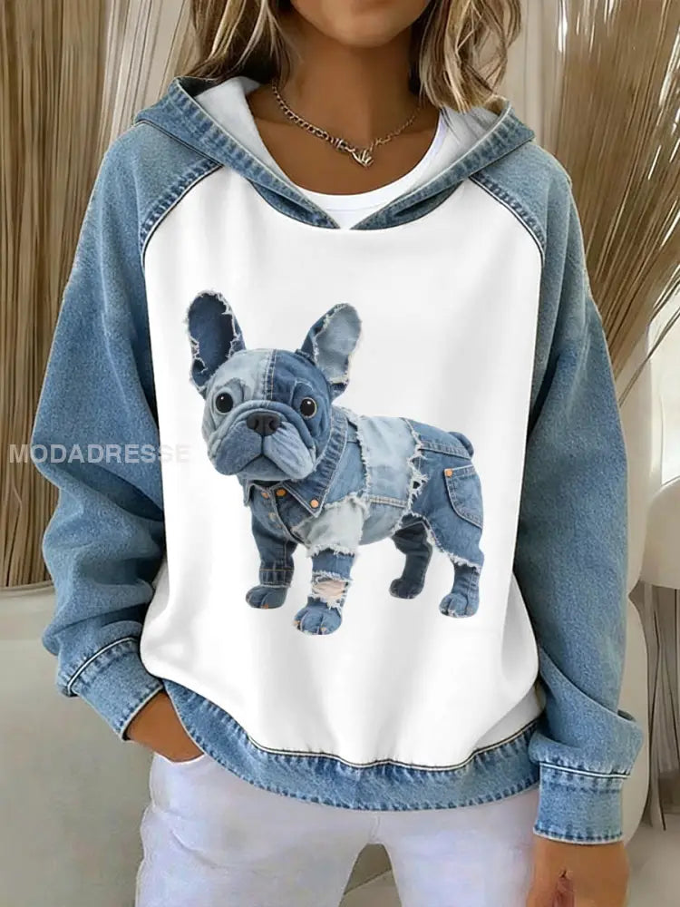 Kvinnors vackra franska Bulldog mönster Denim Patchwork Hoodie. som bild / S