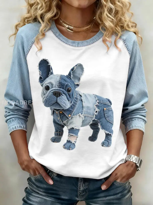 Kvinnors vackra franska Bulldog mönster Denim Patchwork Sweatshirt ljusblåa / S