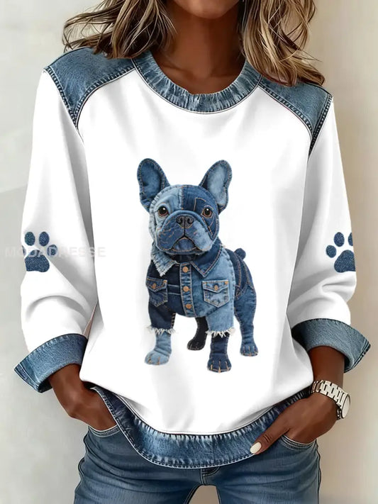 Kvinnors vackra franska Bulldog mönster Denim Patchwork Sweatshirt vitt / S