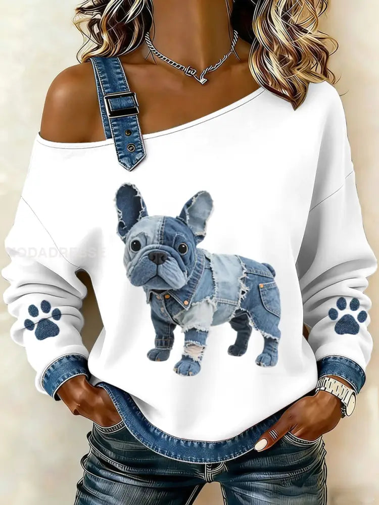 Kvinnors vackra franska Bulldog mönster Denim Patchwork topp vitt / S