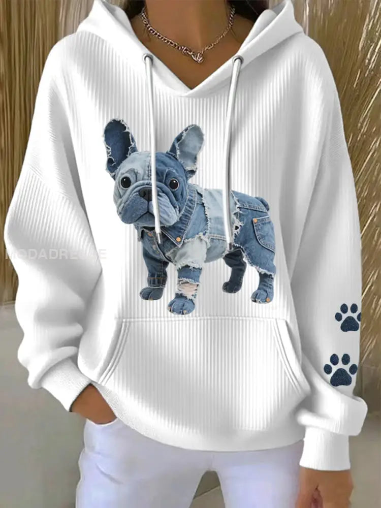Kvinnors vackra franska Bulldog Patchwork konst Hoodie Konsthuggare vitt / S