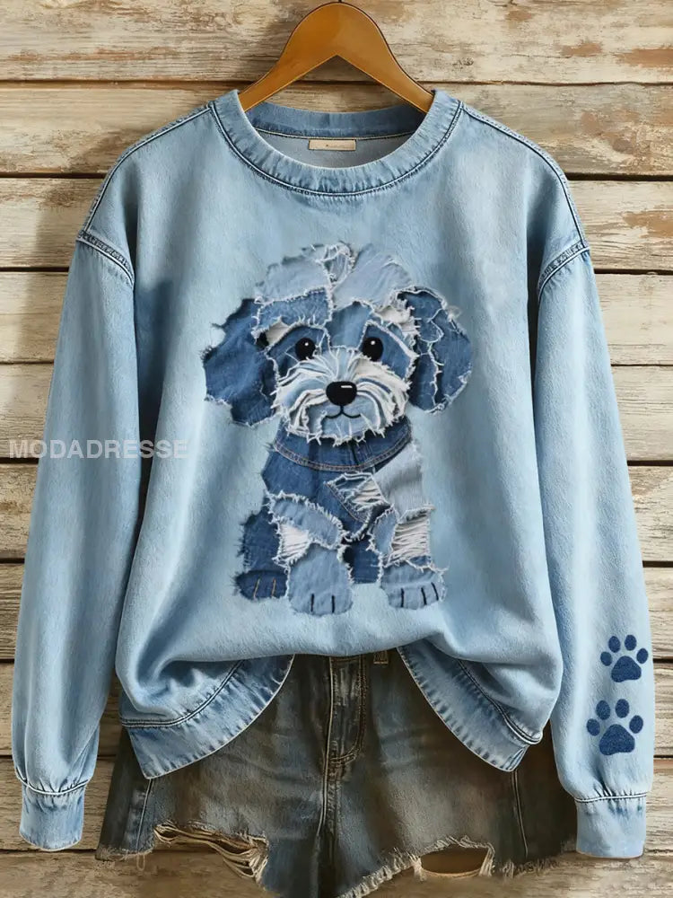Kvinnors vackra hund Patchwork konst sweathirt blå / S