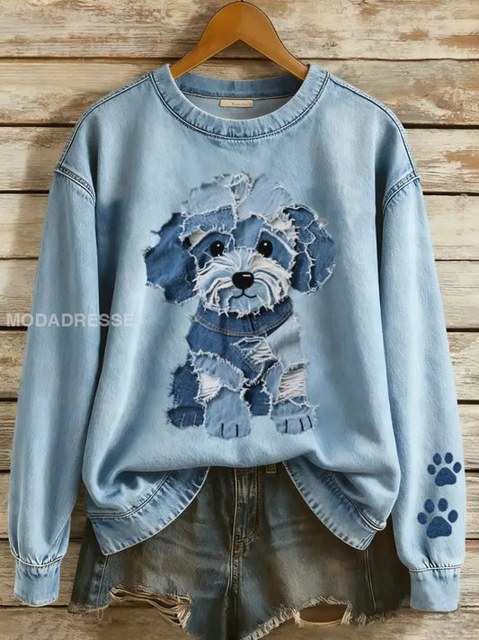 Kvinnors vackra hund Patchwork konst sweathirt blå / S