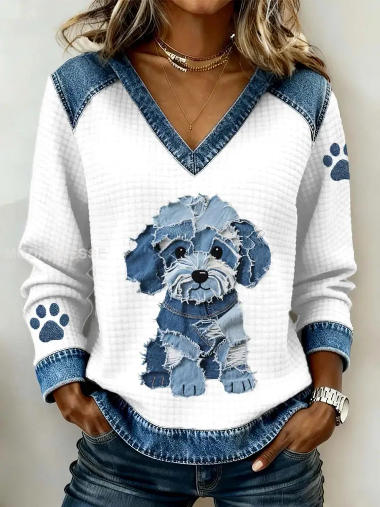 Kvinnors vackra hundmönster Denim Patchwork V-Hack Topp vitt / S