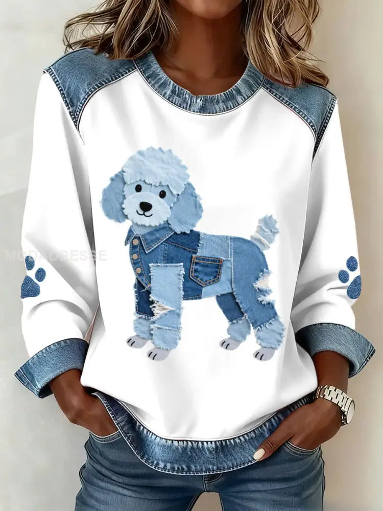 Kvinnors vackra pudel hund mönster Denim Patchwork Sweatshirt vitt / S