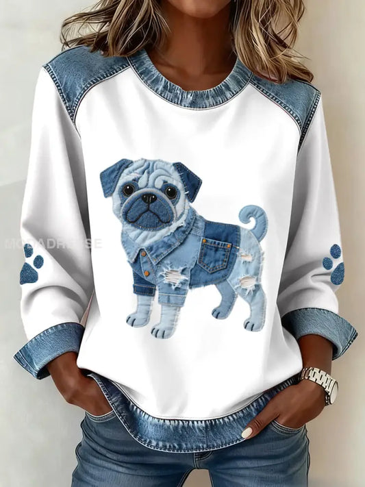 Kvinnors vackra Pug hund mönster Denim Patchwork konst sweathirt vitt / S