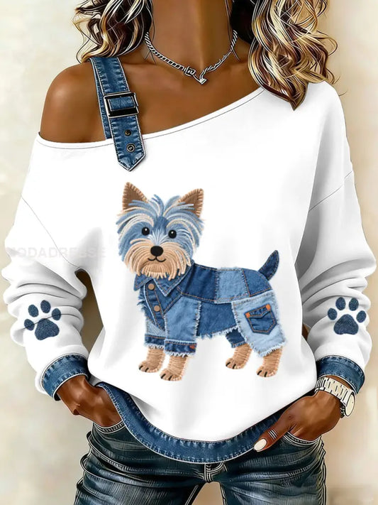 Kvinnors vackra Yorkshire Terrier mönster Denim Patchwork Topp vitt / S