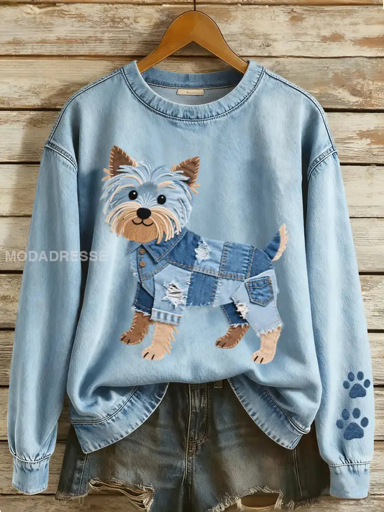 Kvinnors vackra Yorkshire Terrier patchwork mönster Sweatshirt blå / S