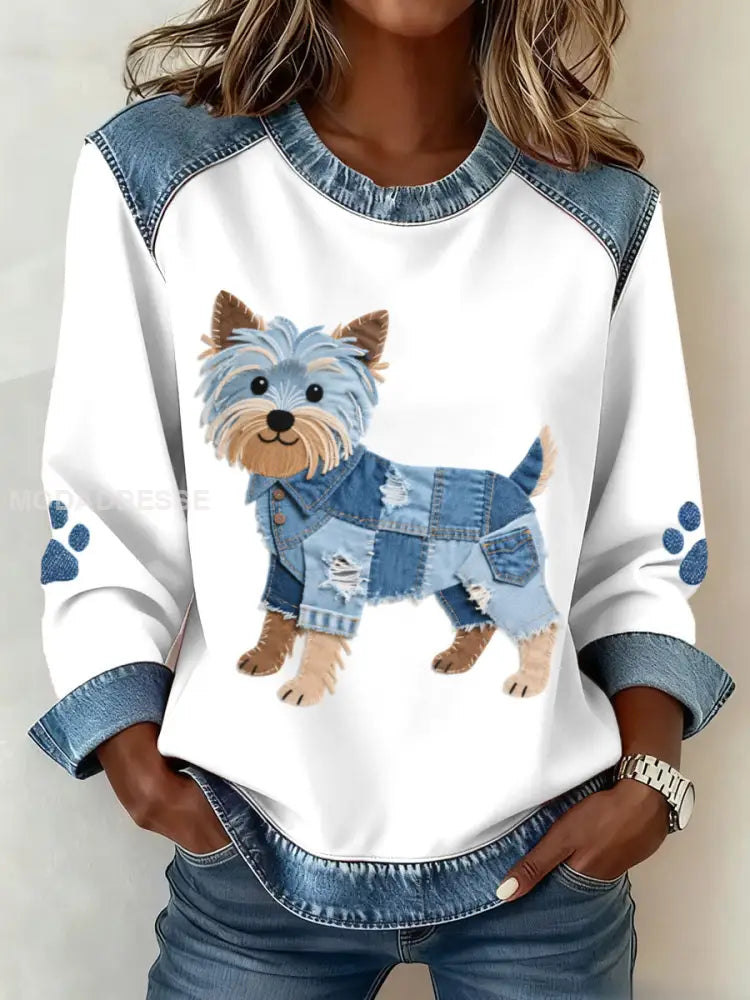 Kvinnors vackra Yorkshire Terrierhund mönster Denim Patchwork Sweatshirt vitt / S