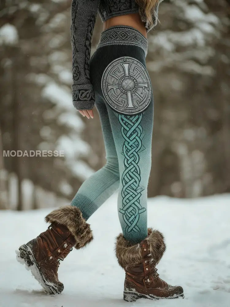Kvinnors Viking Celtic Knop sköld Gradient Sport Stretch Leggings grönt / S