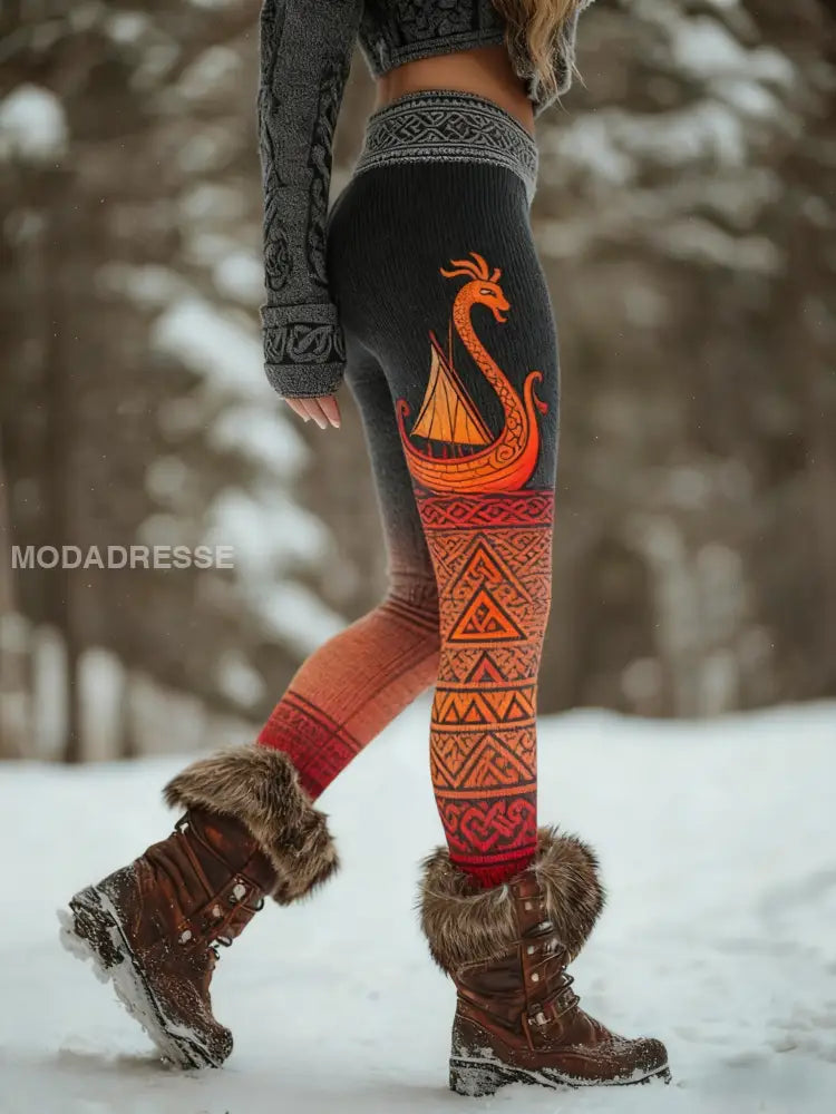 Kvinnors Viking Celtic Knot Rune Animal Gradient Sport Stretch Leggings oräng / S