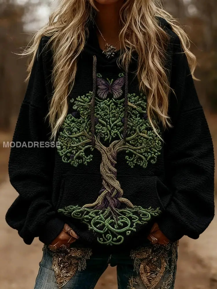 Kvinnors Viking fjäril keltisk knop träd liv gradient Skriv långärmad huvad svart / S
