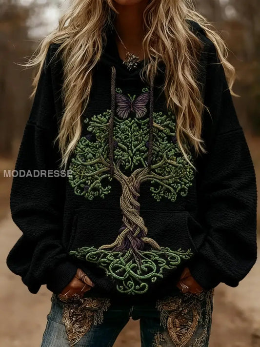 Kvinnors Viking fjäril keltisk knop träd liv gradient Skriv långärmad huvad svart / S