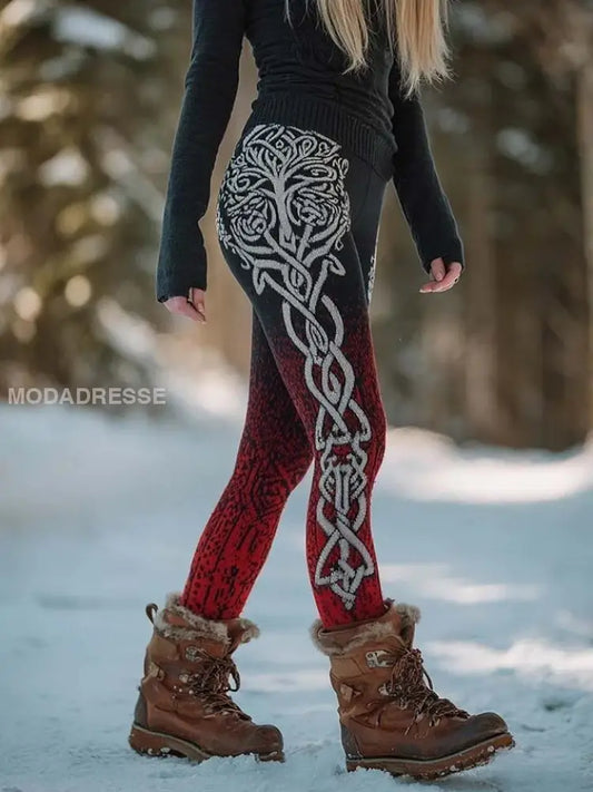 Kvinnors Viking keltisk knop träd liv Gradient Sport Stretch Leggings röd / S