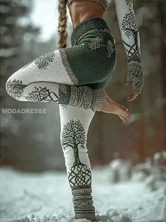 Kvinnors Viking Keltiska knop träd liv Patchwork Sport Stretch Leggings grönt / S