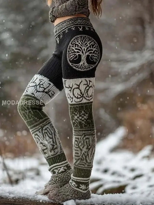 Kvinnors Viking Keltiska knop träd liv Patchwork Sport Stretch Leggings svart / S