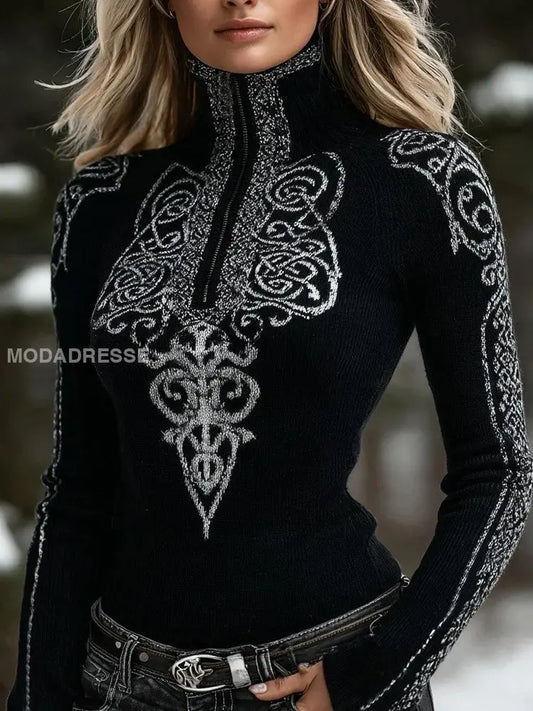 Kvinnors viking keltiska sticka Halv-zip Turtleneck tröjar svart / S