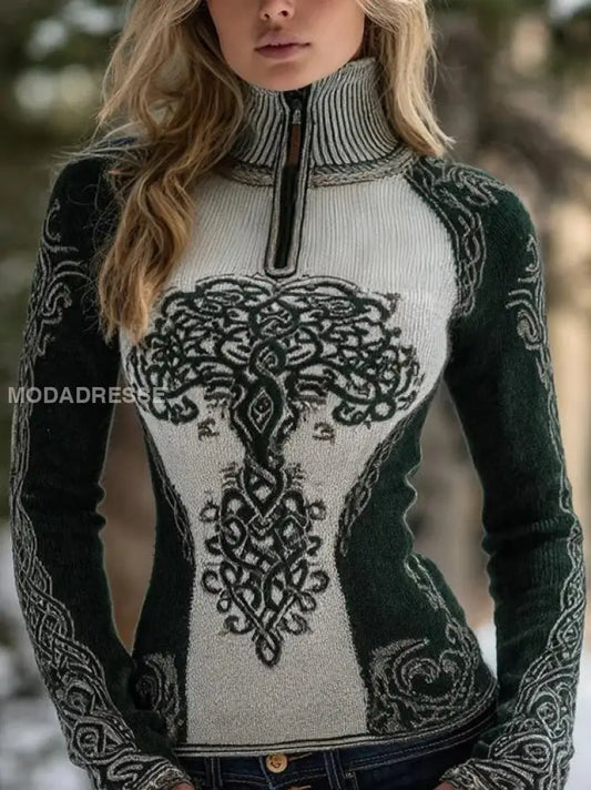 Kvinnors viking keltiska sticka Halv-zip Turtleneck tröjar svart / S