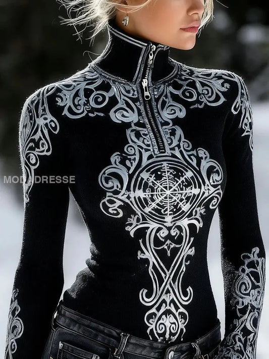 Kvinnors viking keltiska sticka Halv-zip Turtleneck tröjar svart / S