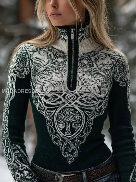 Kvinnors viking keltiska sticka Halv-zip Turtleneck tröjar svart / S