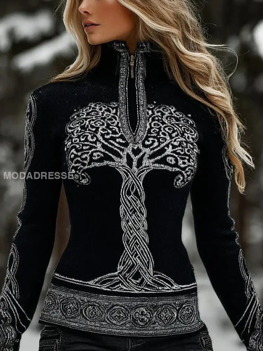 Kvinnors viking keltiska sticka Halv-zip Turtleneck tröjar svart / S