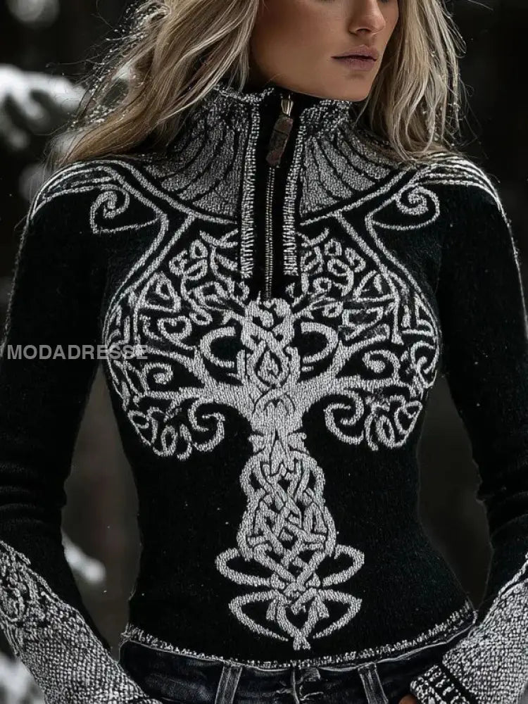 Kvinnors viking keltiska sticka Halv-zip Turtleneck tröjar svart / S