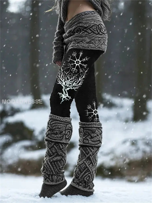 Kvinnors Viking keltiska träd av livet Rune sticka Leggings svart / S