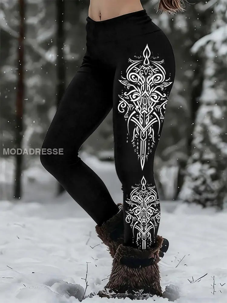 Kvinnors Viking Print Casual Leggings svart / S