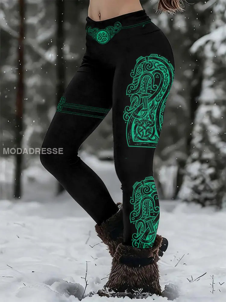 Kvinnors Viking Print Casual Leggings svart / S