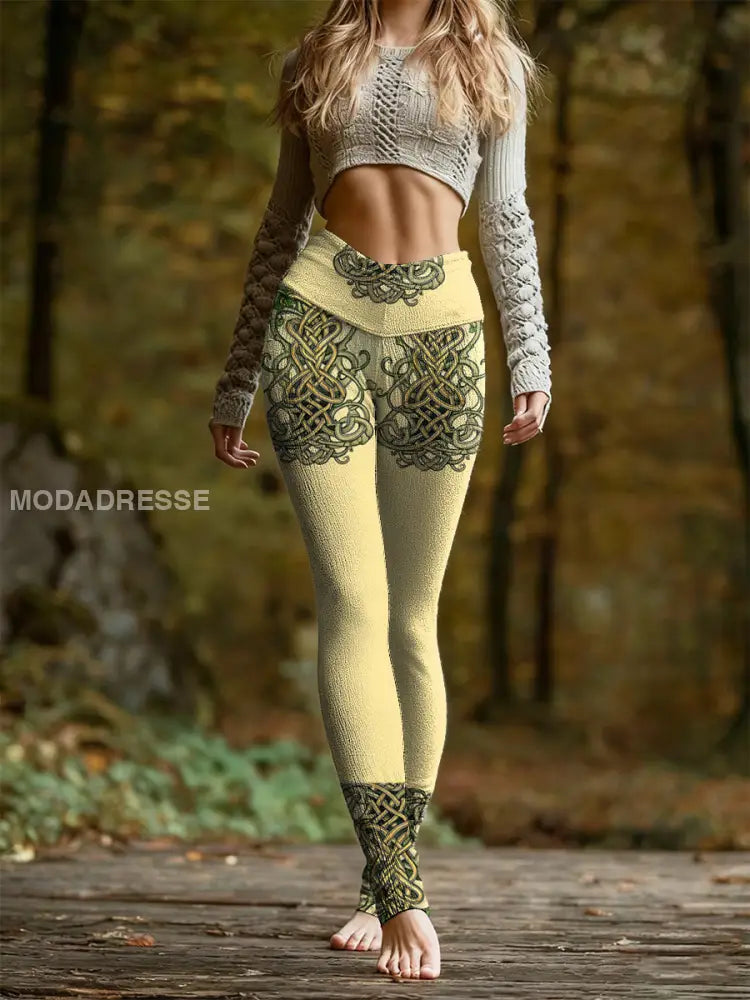 Kvinnors Viking Totem Skriv ut Casual Leggings gul / S