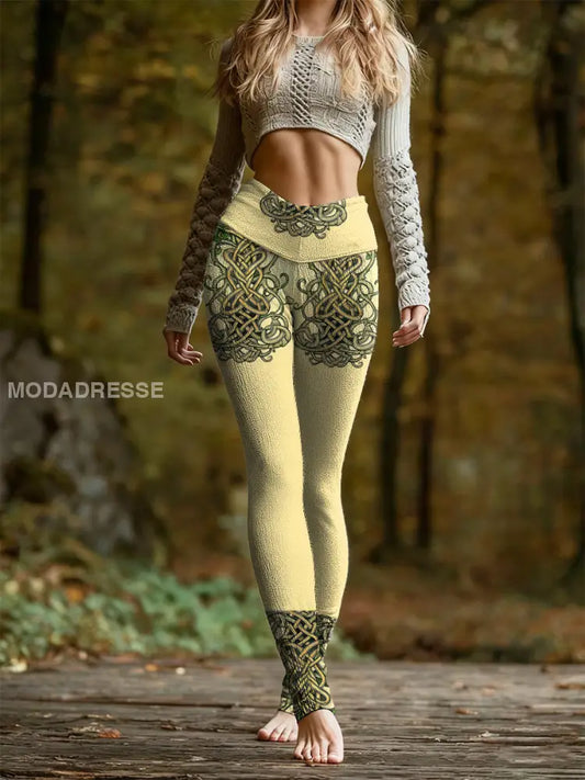 Kvinnors Viking Totem Skriv ut Casual Leggings gul / S