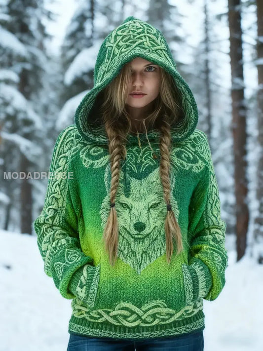 Kvinnors Viking varg Viking keltisk knop Skriv ut långärmslöjd tröjar grönt / S
