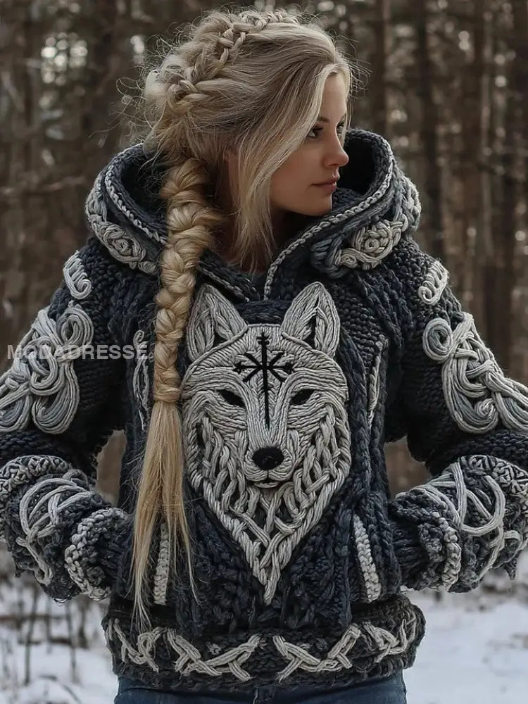 Kvinnors Viking varg Viking keltisk knop Skriv ut långärmslöjd tröjar svart / S