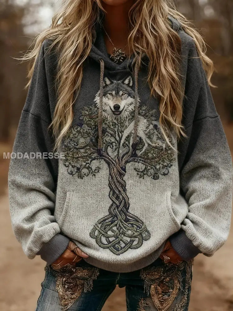 Kvinnors Viking varg keltisk knut träd liv gradient Skriv ut långärmad huvad tröjar grå / S