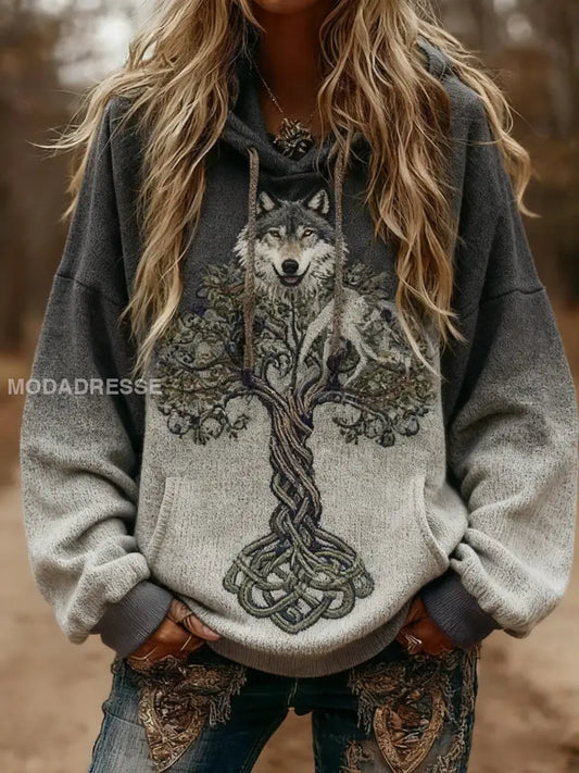 Kvinnors Viking varg keltisk knut träd liv gradient Skriv ut långärmad huvad tröjar grå / S