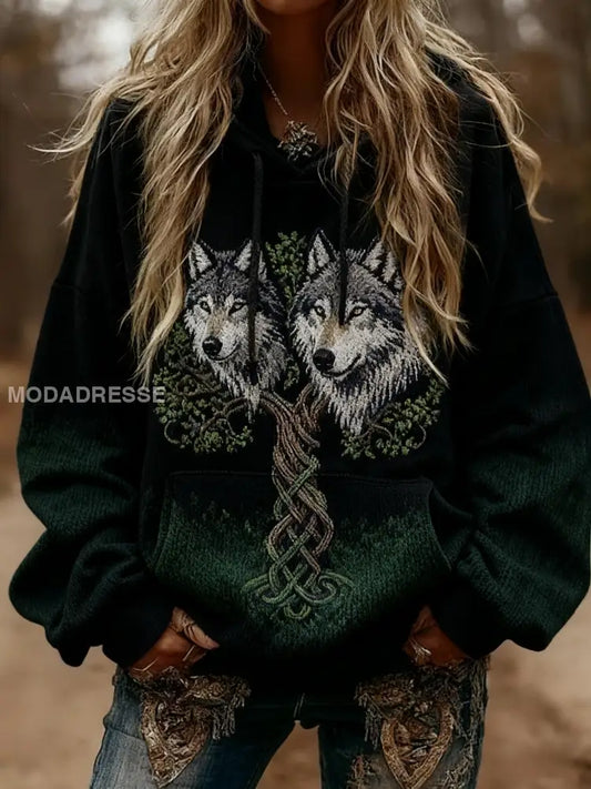Kvinnors Viking varg keltisk knut träd liv gradient Skriv ut långärmad huvad tröjar svart / S