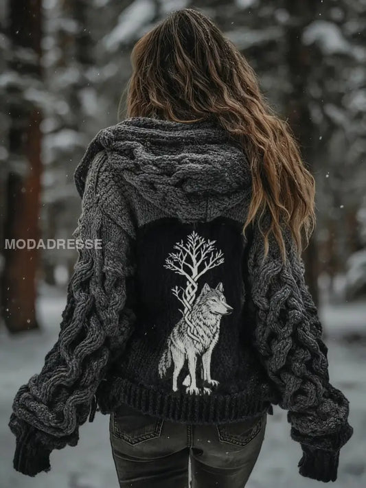 Kvinnors Viking varg träd livsmönster Gradient Cardigan sticka jacka mörk grå / S