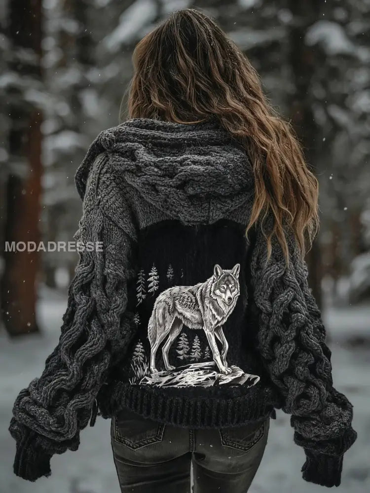 Kvinnors Viking varg träd livsmönster Gradient Cardigan sticka jacka mörk grå / S